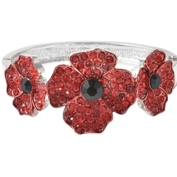 Simulated Black Pearl, Red and Black Austrian Crystal Bangle Bracelet 7" - Picture 2 of 3